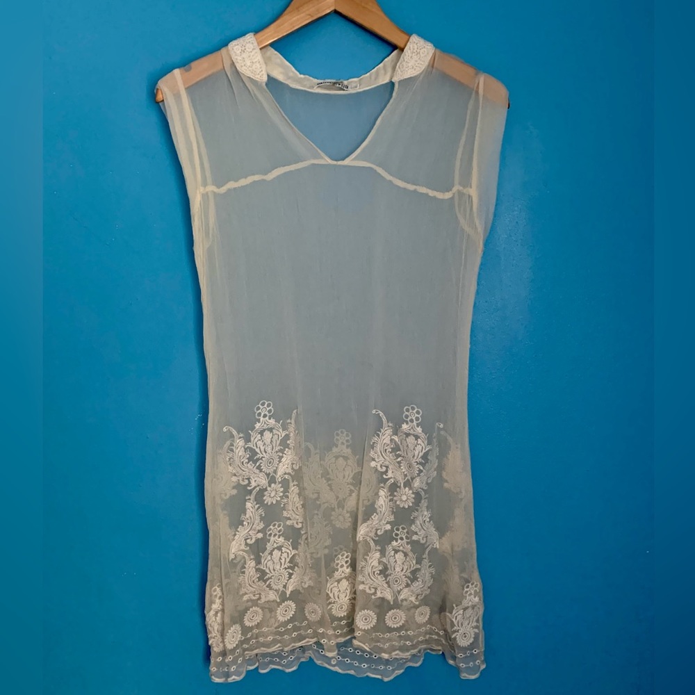 Mollo Rello Sheer 100% Silk Embroidered Dress Ivory Color Size L